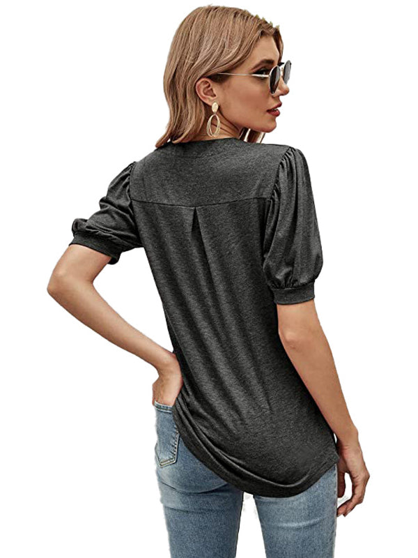 xakxx Simple Solid Color V-Neck Puff Sleeves T-Shirt Top