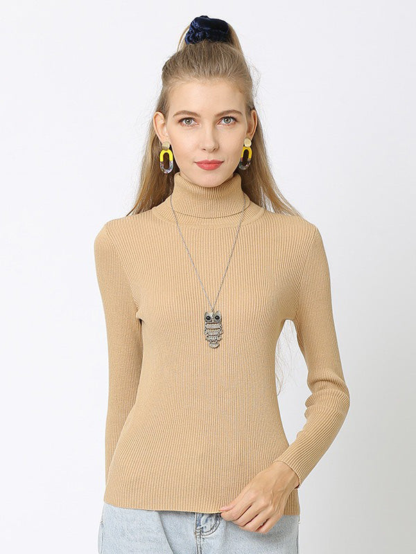 xakxx 10 Colors Simple Knitting Solid Color High-Neck Pullover
