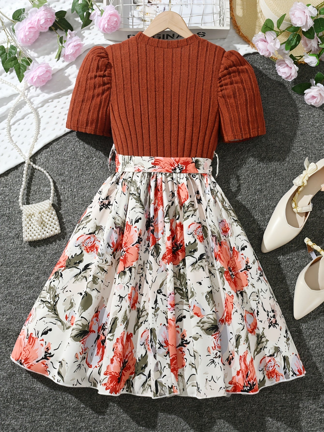 Girls Midi Floral Spliced Casual Dress with Belt - Ribbed Textured, Puff Short Sleeves, Trapeze Hem, and Medium Stretch Polyester Fabric for Summer Vacation Wear