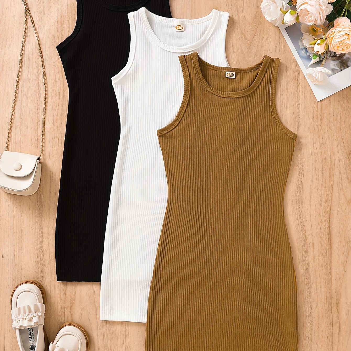 Adorable Girls 3-Pack Sleeveless Rib Knit Dresses - Solid Color Bodycon Designs for a Flattering Fit - Perfect Versatile Summer Wardrobe Essentials