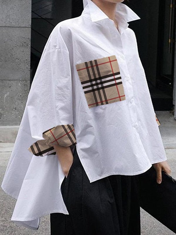 xakxx High-Low Long Sleeves Buttoned Plaid Pockets Split-Joint Split-Side Lapel Blouses&Shirts Tops