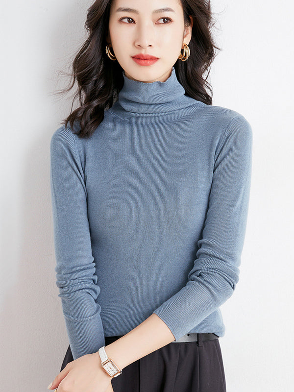 xakxx Simple Skinny Long Sleeves Solid Color High-Neck Sweater Tops Pullovers