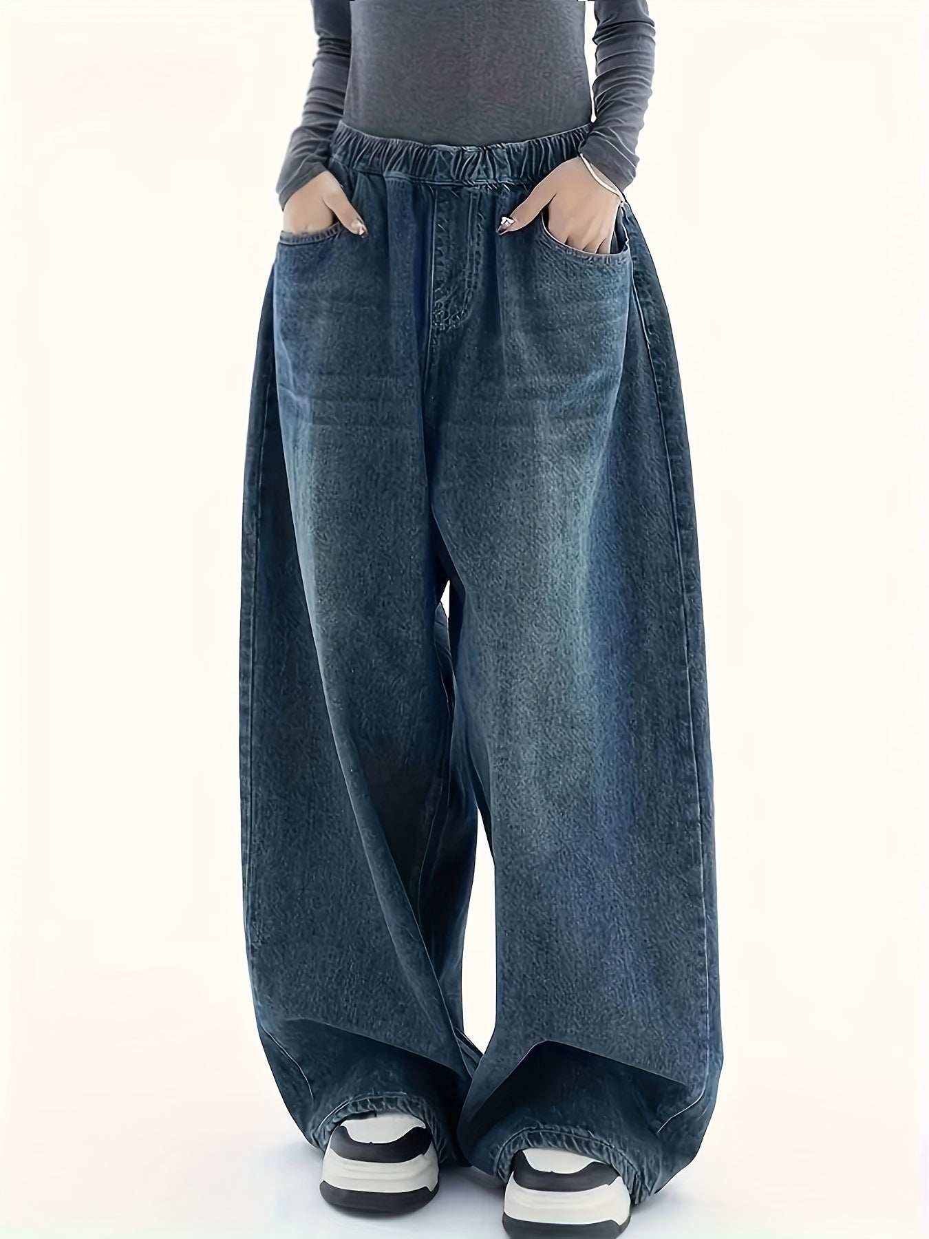 Fashion-Forward Womens Wide Leg Denim Jeans - Elastic Comfort Waistband, Relaxed Fit, Trendy Slash Pockets, Distressed Washed Blue with Whiskers - Hip Pop Street Style Pants for Effortless Chic