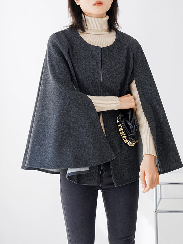 xakxx Casual Loose Solid Color Round-Neck Cape Outerwear