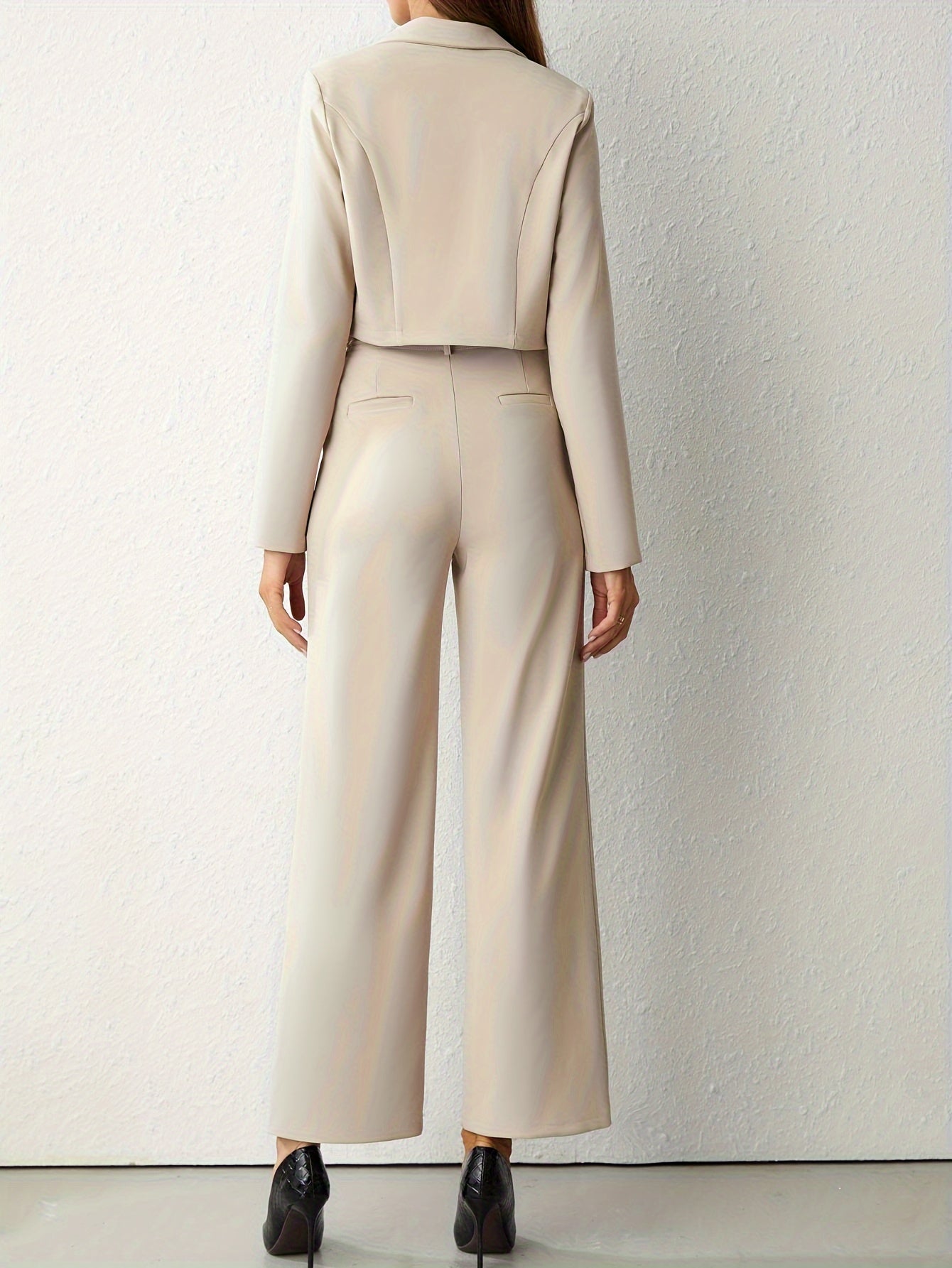Two-Piece Business Casual Outfit - Double-Breasted Lapel Long Sleeve Blazer & Belted Wide Leg Pants Set for Women - Professional, Chic, and Comfortable Clothing for Work or Formal Occasions
