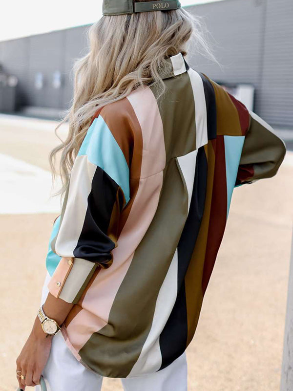xakxx Stylish Selection Long Sleeves Loose Contrast Color Lapel Collar Blouses&Shirts Tops