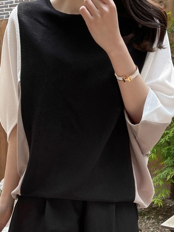xakxx Batwing Sleeves Half Sleeves Contrast Color Round-Neck Blouses&Shirts Tops