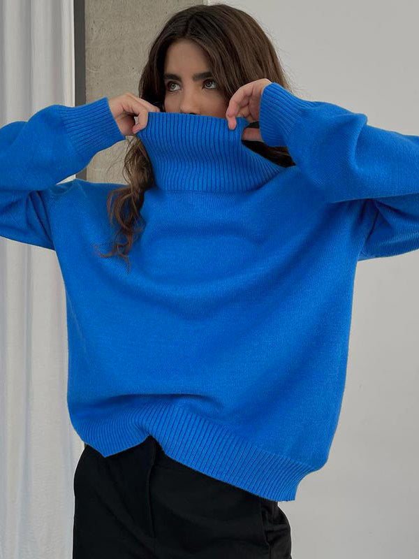 xakxx Casual Long Sleeves Loose Solid Color High-Neck Sweater Tops
