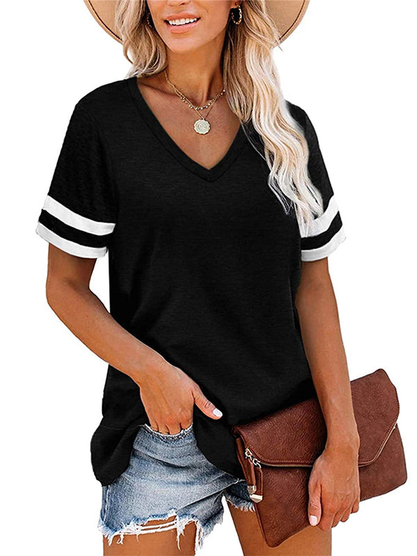 xakxx Loose Short Sleeves Contrast Color Striped V-Neck T-Shirts