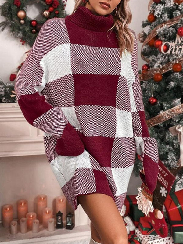 xakxx Long Sleeves Loose Contrast Color Plaid High Neck Mini Dresses Sweater Dresses