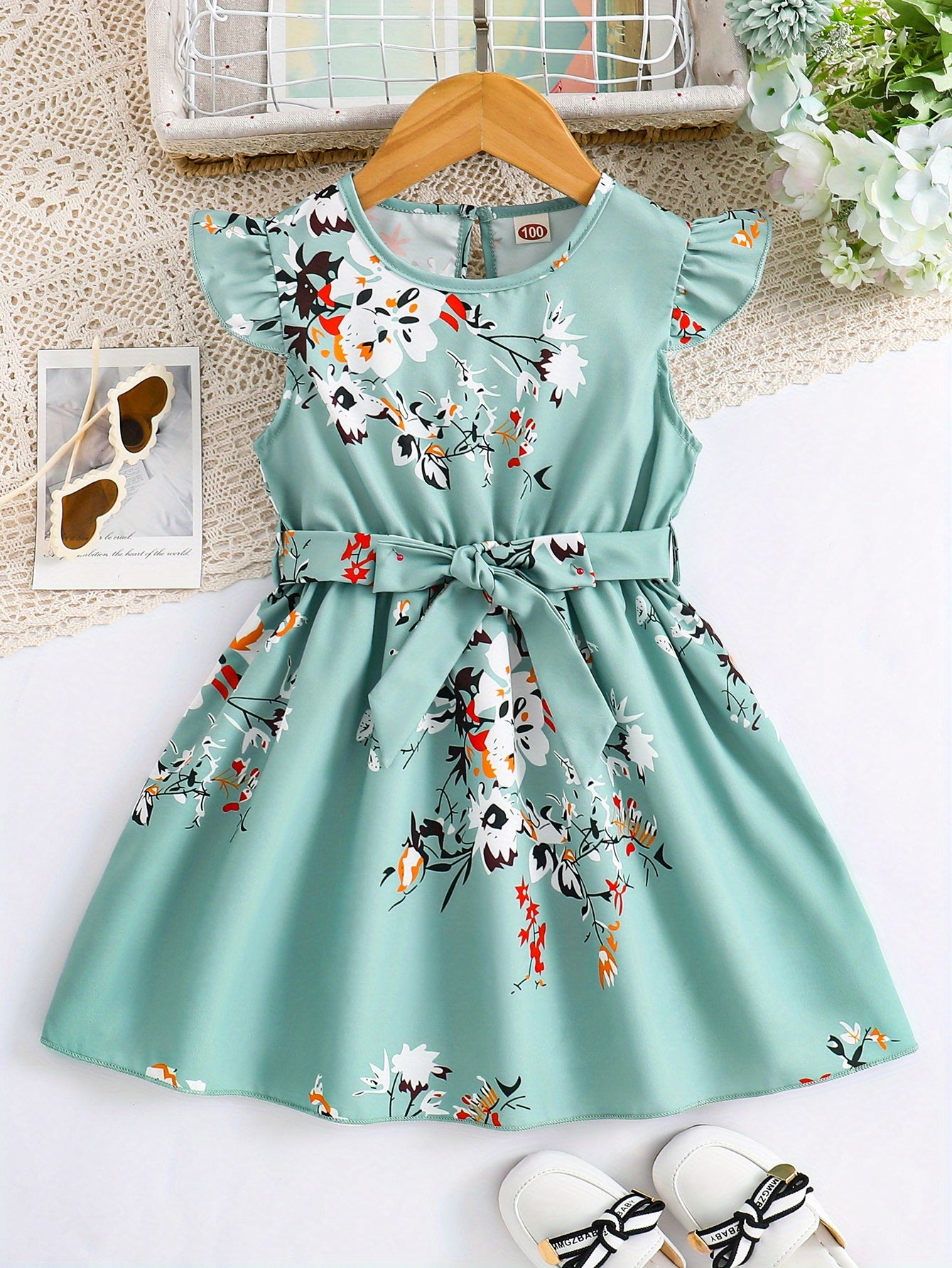 Girls Charming Floral Midi Dress - Fashionable Flying Sleeve & Sleeveless Combo, Lightweight & Comfortable for Sweet Summer Days, Adorable Daily Wear Dress with Bold Pattern