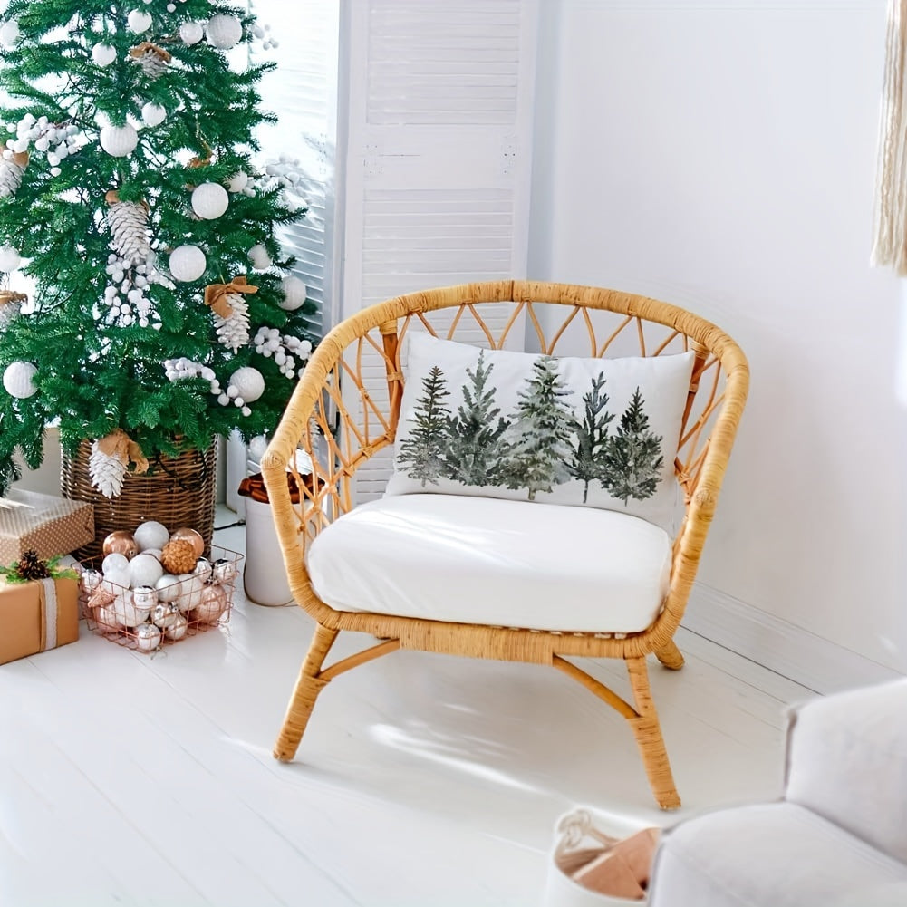 1pc Linen Christmas Winter Trees Lumbar Throw Pillow Cover - Vibrant Xmas Winter Holiday Party Decoration for Sofa Couch, Single Side, No Pillow Core, 12 x 20 Inch