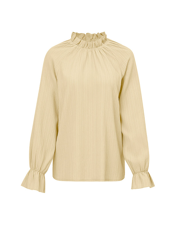 xakxx Long Sleeves Ruffle Sleeves Elasticity Ruffled Solid Color Mock Neck T-Shirts Tops