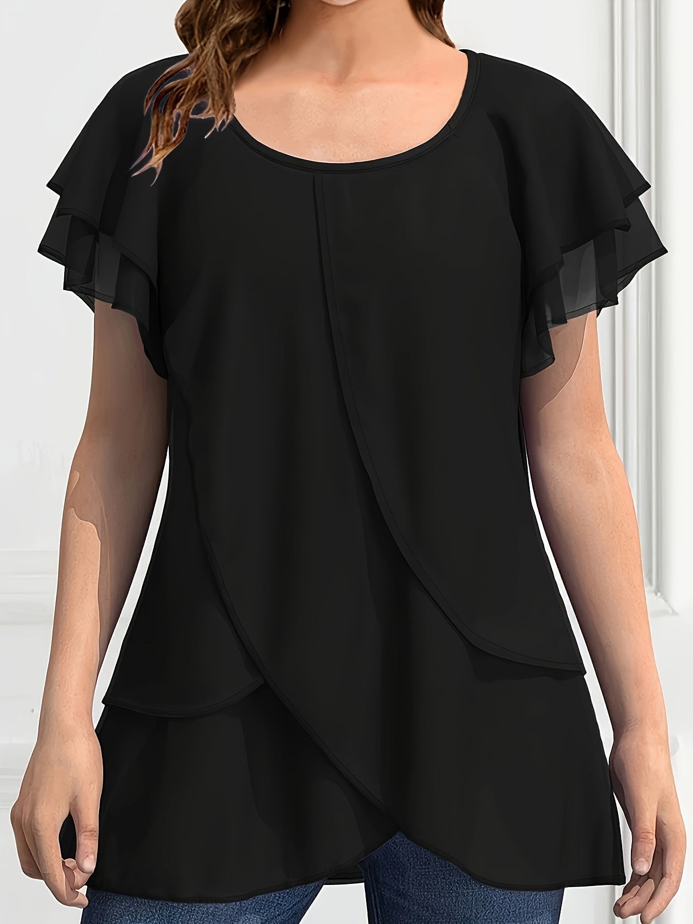Vibrant Color Crew Neck Blouse - Ruffled Sleeve, Layered, Casual, Spring & Summer Essential - Women's Clothing for Everyday Wear