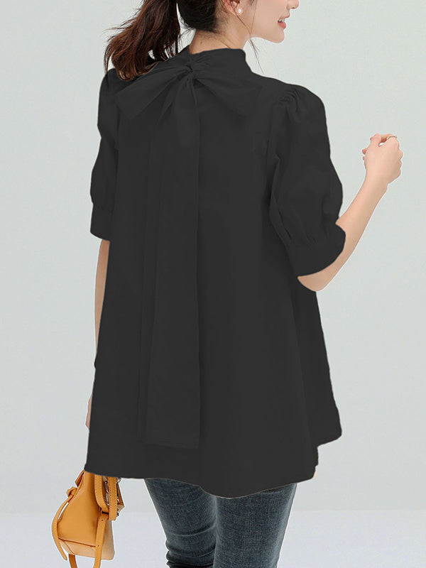 xakxx Casual Loose Bow-Embellished Solid Color Blouse