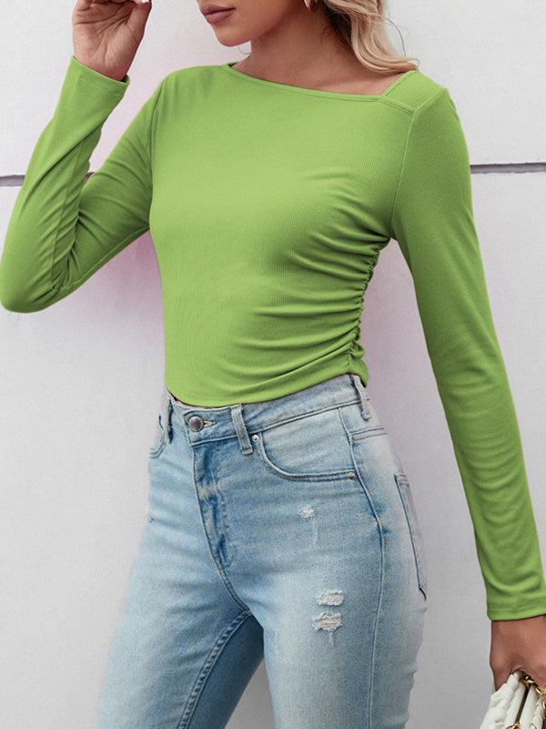 xakxx Long Sleeves Skinny Solid Color Asymmetric Collar T-Shirts Tops