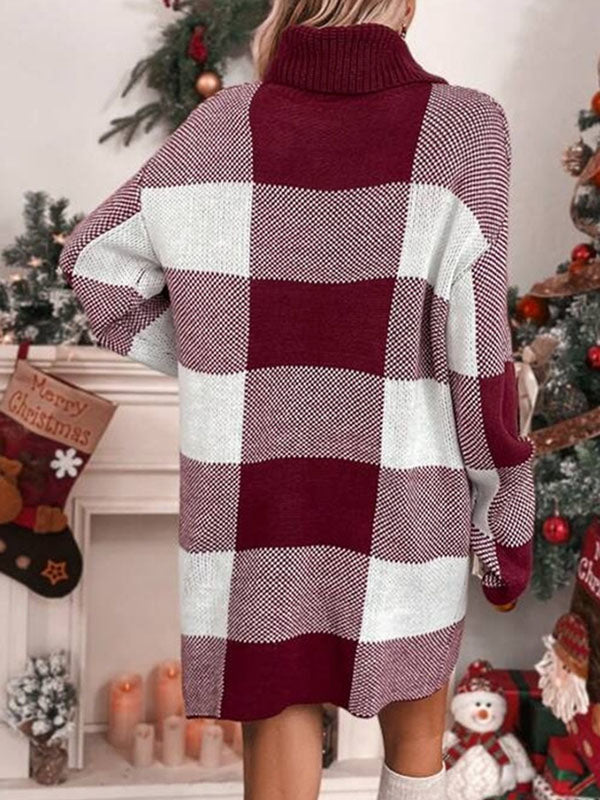 xakxx Long Sleeves Loose Contrast Color Plaid High Neck Mini Dresses Sweater Dresses