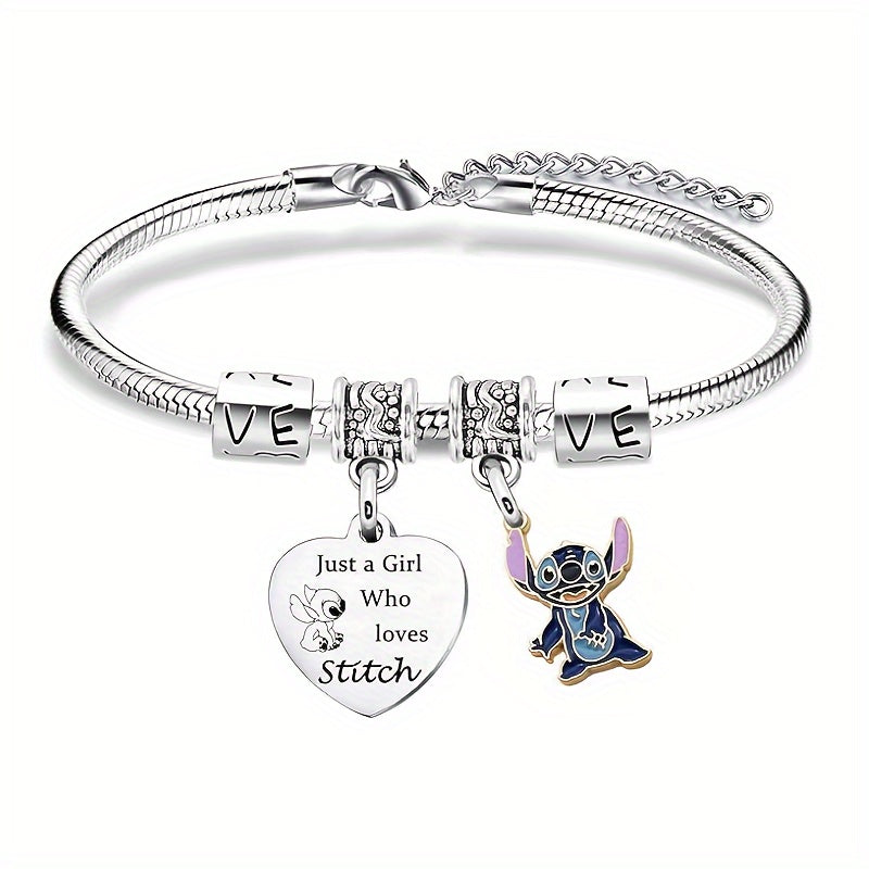 1 Pc Adorable Disney Stitch Heart-Shaped Pendant Bracelet Jewelry - Women's Fashion Accessory with Adjustable Chain, Cute Cartoon Character Design, Ideal Gift for Ladies, Teens, and Girls