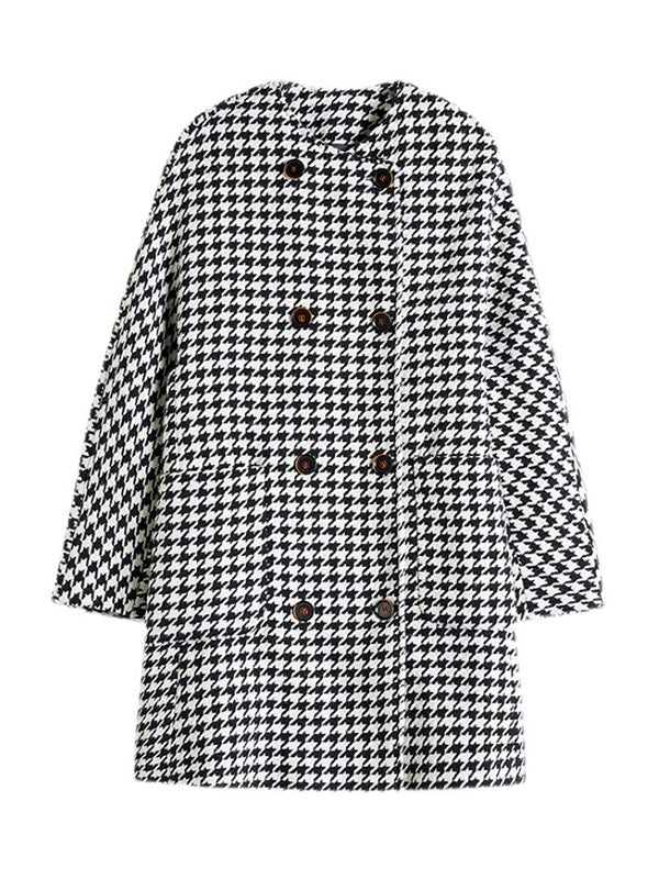 xakxx Loose Houndstooth Buttoned Round-Neck Long Sleeves Woolen Coat