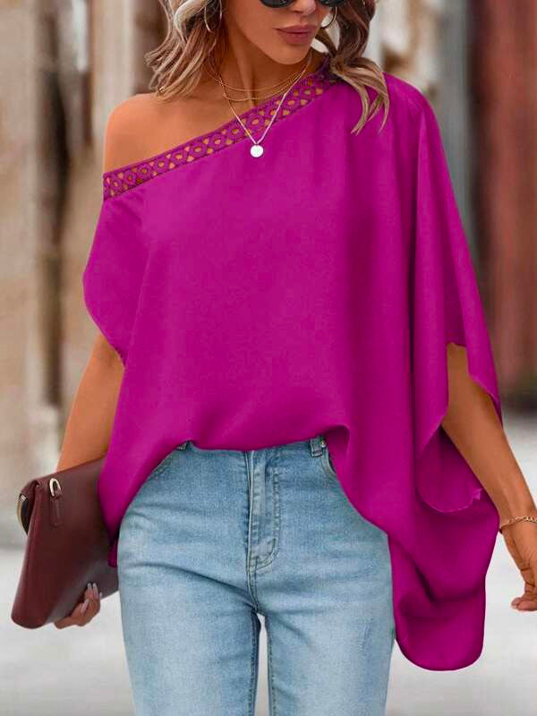 xakxx Batwing Sleeves Asymmetric Hollow Solid Color One-Shoulder Blouses&Shirts Tops