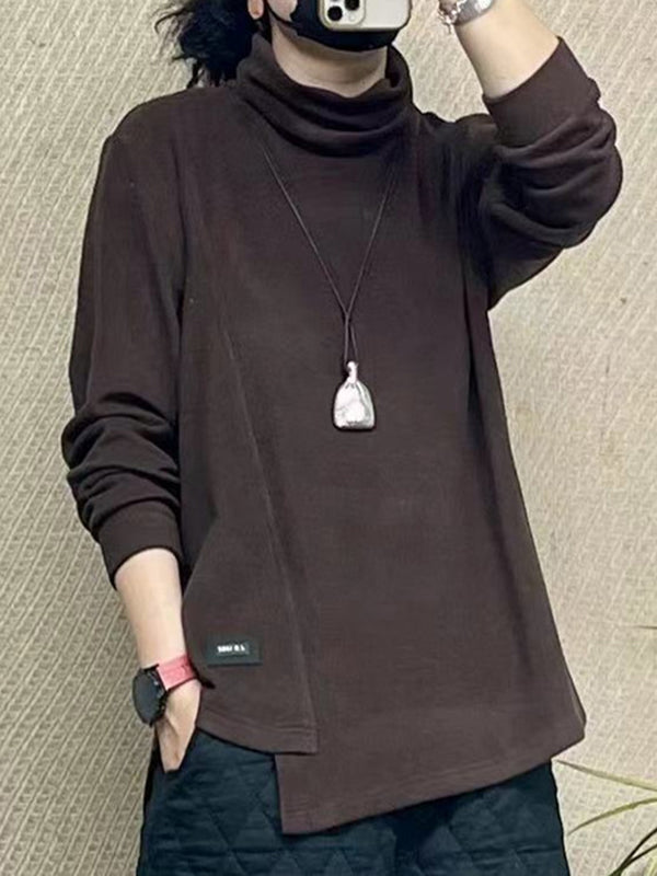 xakxx Long Sleeves Loose Asymmetric Solid Color High Neck T-Shirts Tops