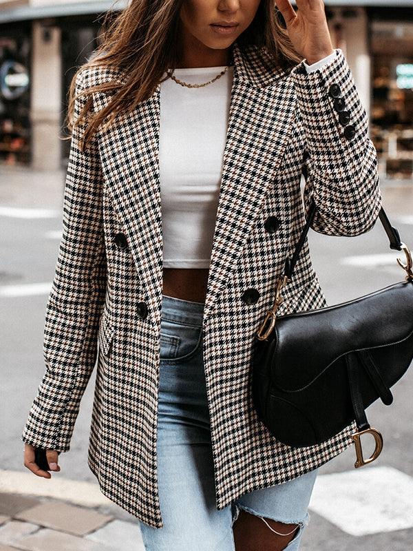 xakxx Long Sleeves Loose Buttoned Houndstooth Notched Collar Blazer Outerwear