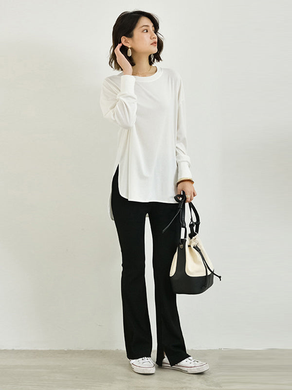 xakxx Simple Long Sleeves Loose Split-Side Solid Color Round-Neck T-Shirts Tops