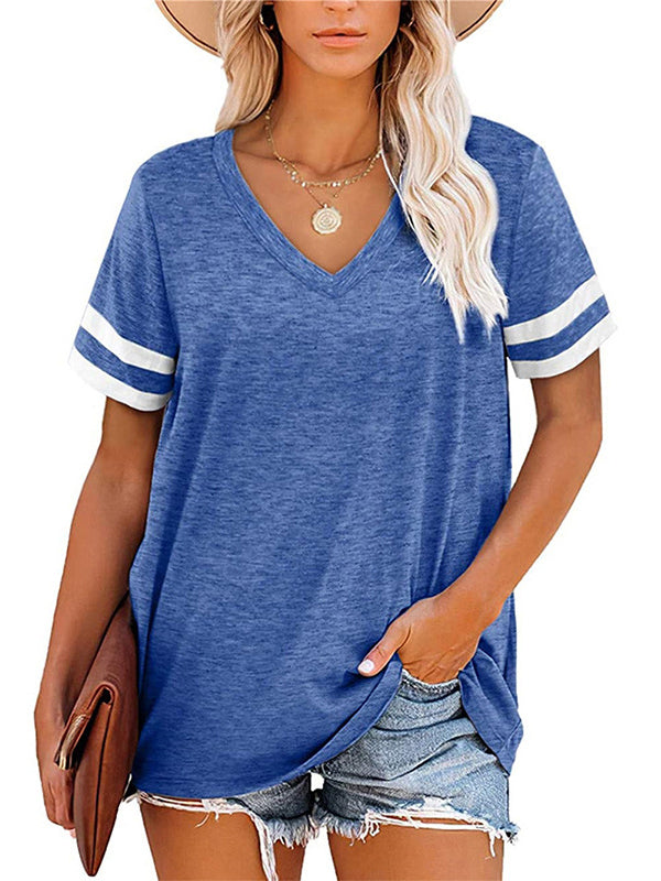 xakxx Loose Short Sleeves Contrast Color Striped V-Neck T-Shirts