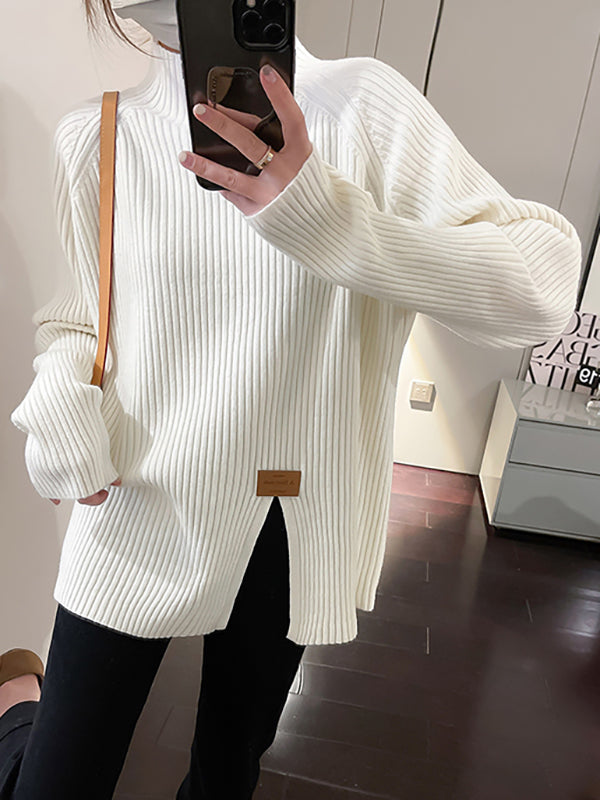 xakxx Long Sleeves Loose Split-Front Mock Neck Pullovers Sweater Tops