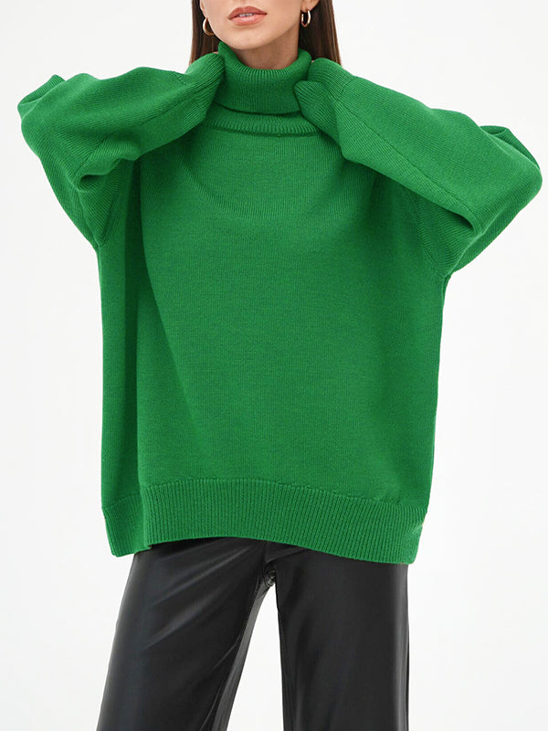 xakxx Long Sleeves Loose Solid Color High Neck Knitwear Pullovers Sweater Tops