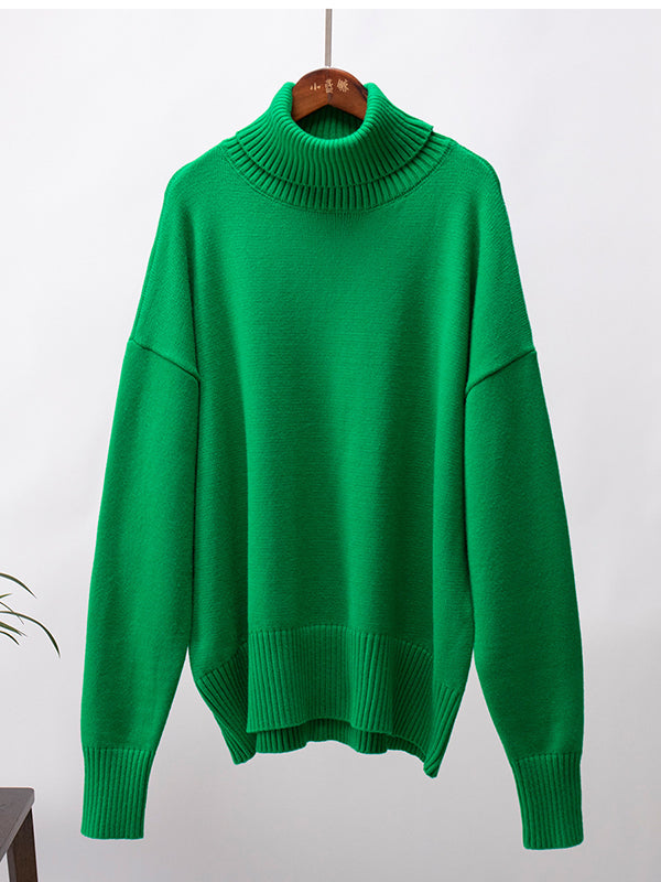 xakxx Long Sleeves Loose Solid Color High Neck Knitwear Pullovers Sweater Tops