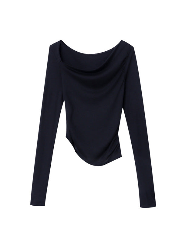xakxx Long Sleeves Skinny Solid Color Asymmetric Collar T-Shirts Tops