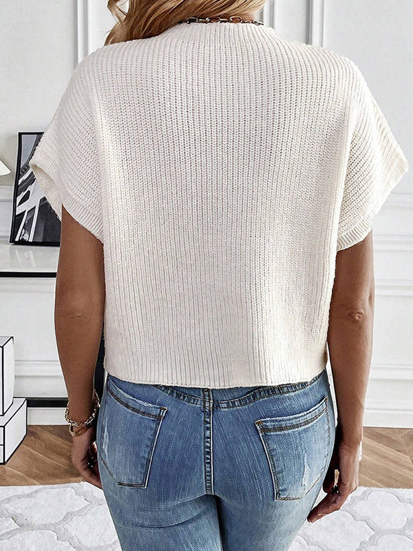 xakxx Loose Short Sleeves Knitted Flower Round-Neck Pullovers Sweater Tops
