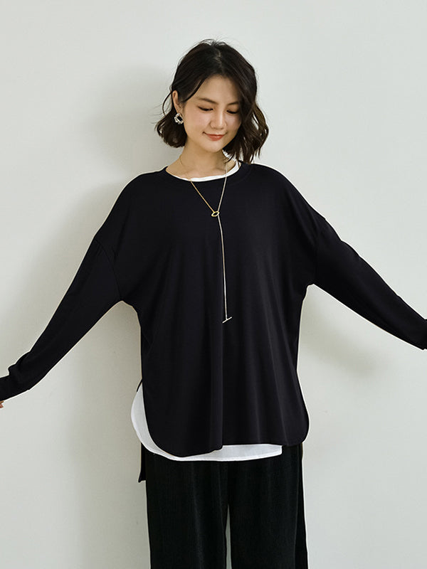 xakxx Simple Long Sleeves Loose Split-Side Solid Color Round-Neck T-Shirts Tops