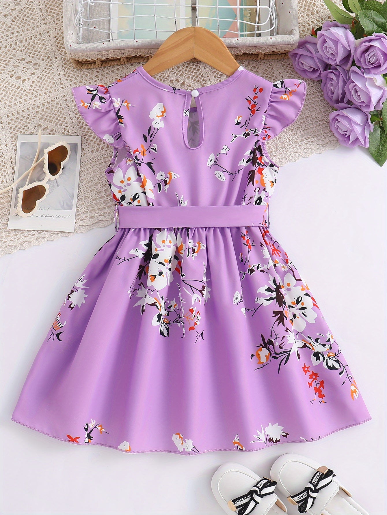 Girls Charming Floral Midi Dress - Fashionable Flying Sleeve & Sleeveless Combo, Lightweight & Comfortable for Sweet Summer Days, Adorable Daily Wear Dress with Bold Pattern