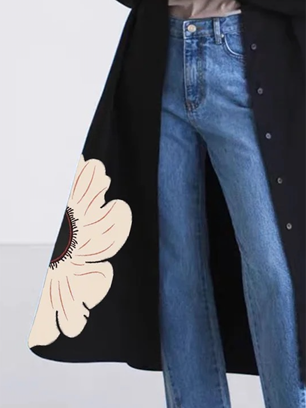xakxx Long Sleeves Loose Buttoned Floral Printed Lapel Collar Outerwear