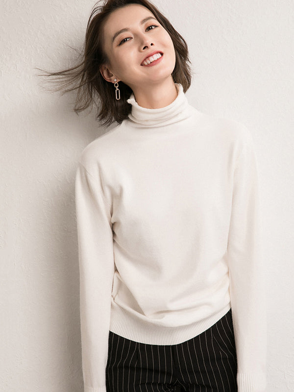 xakxx Simple Loose Long Sleeves Solid Color High-Neck Sweater Tops