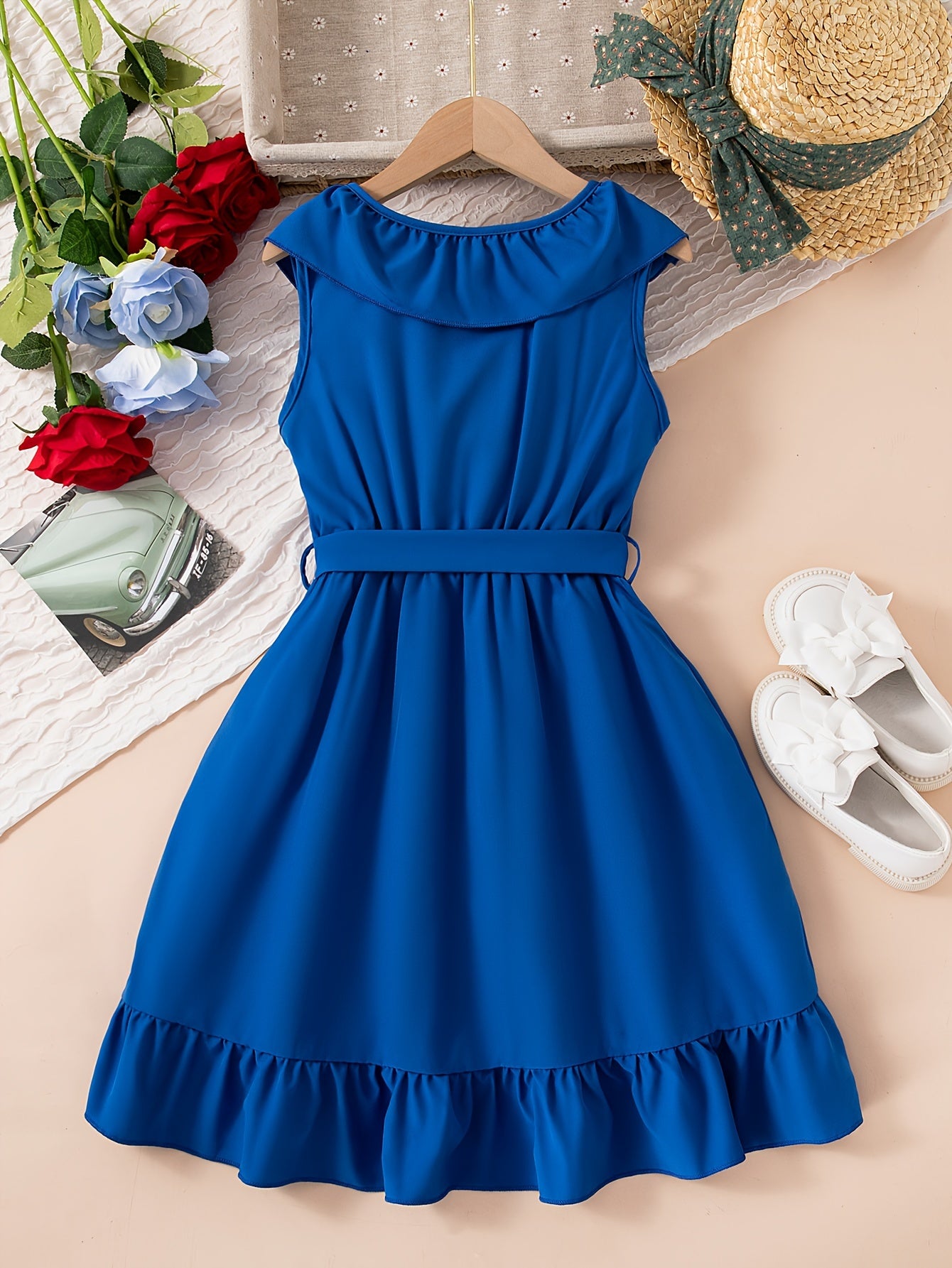 Brief Sleeveless V-Neck Ruffle Trim Dress for Teen Girls - Belted, Fitted, Loose Silhouette, Polyester Fabric, Summer Party Wear - Elegant and Dressy