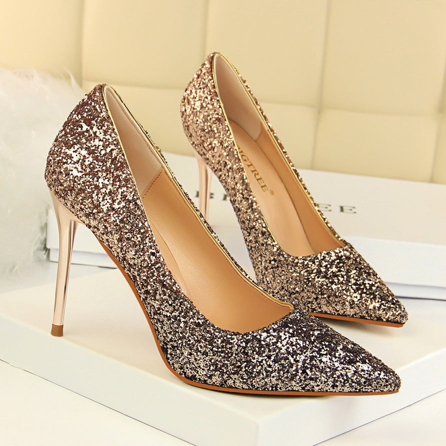 2025 9219-10 style women's shoes high heels light mouth pointed head sexy and thin nightclub color gradual change sequined single shoes