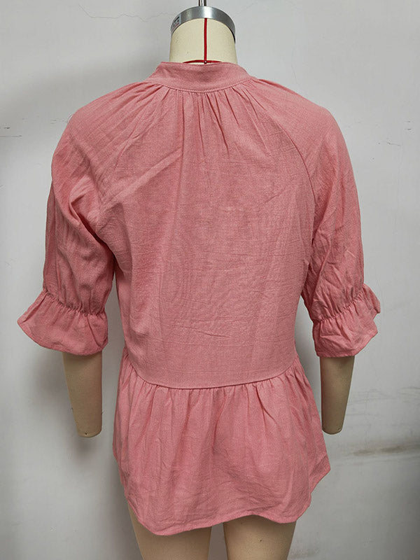 xakxx Loose Three-Quarter Sleeves Elasticity Pleated Solid Color Split-Joint V-Neck T-Shirts Tops