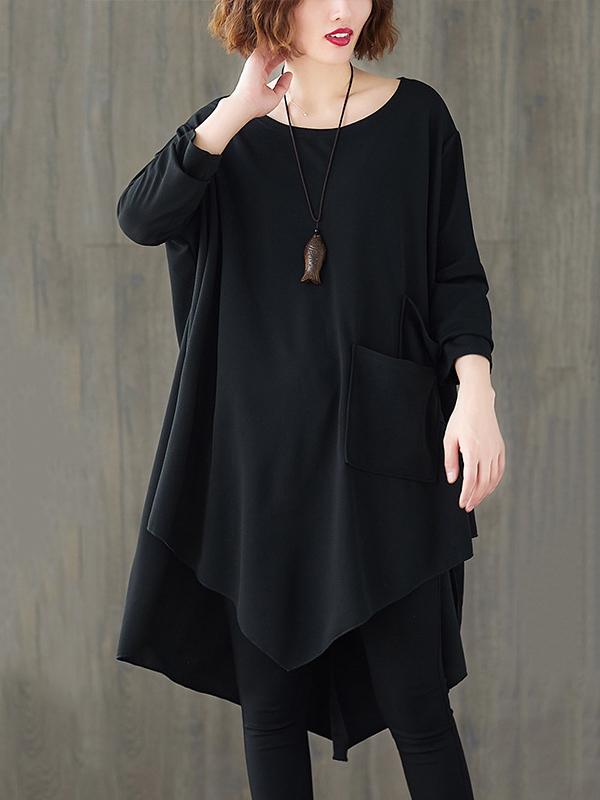 xakxx Loose Black Cropped Solid Long Sleeve T-Shirt