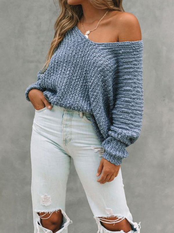 xakxx Long Sleeves Loose Solid Color V-Neck Knitwear Pullovers Sweater Tops
