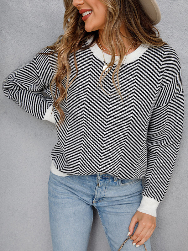 xakxx Long Sleeves Loose Striped Round-Neck Knitwear Pullovers Sweater Tops