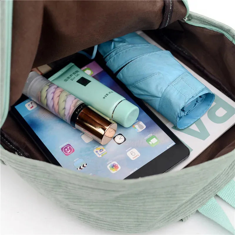 Personalised Embroidery Simple Backpack Corduroy School BackpacksSolid Color Casual Bookbag Travel 240425