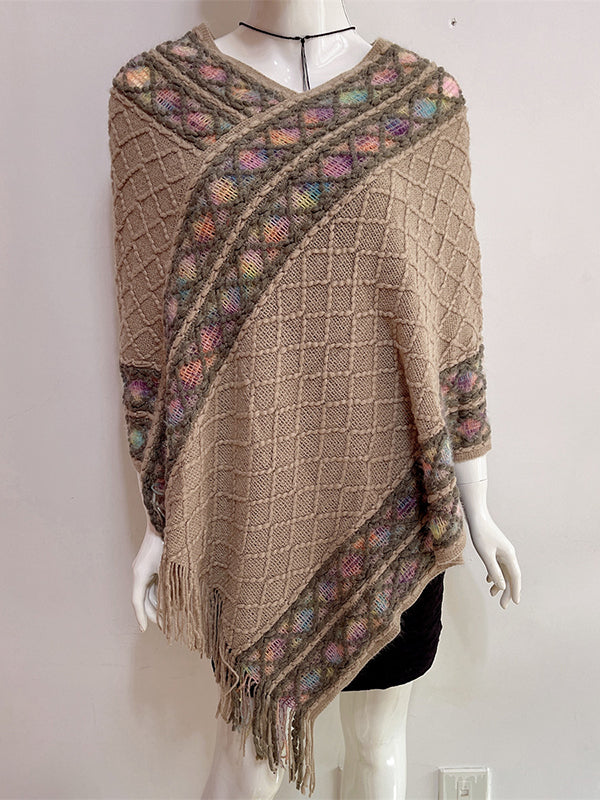 xakxx Loose Asymmetric Tasseled V-Neck Cape Shawl&Cloak