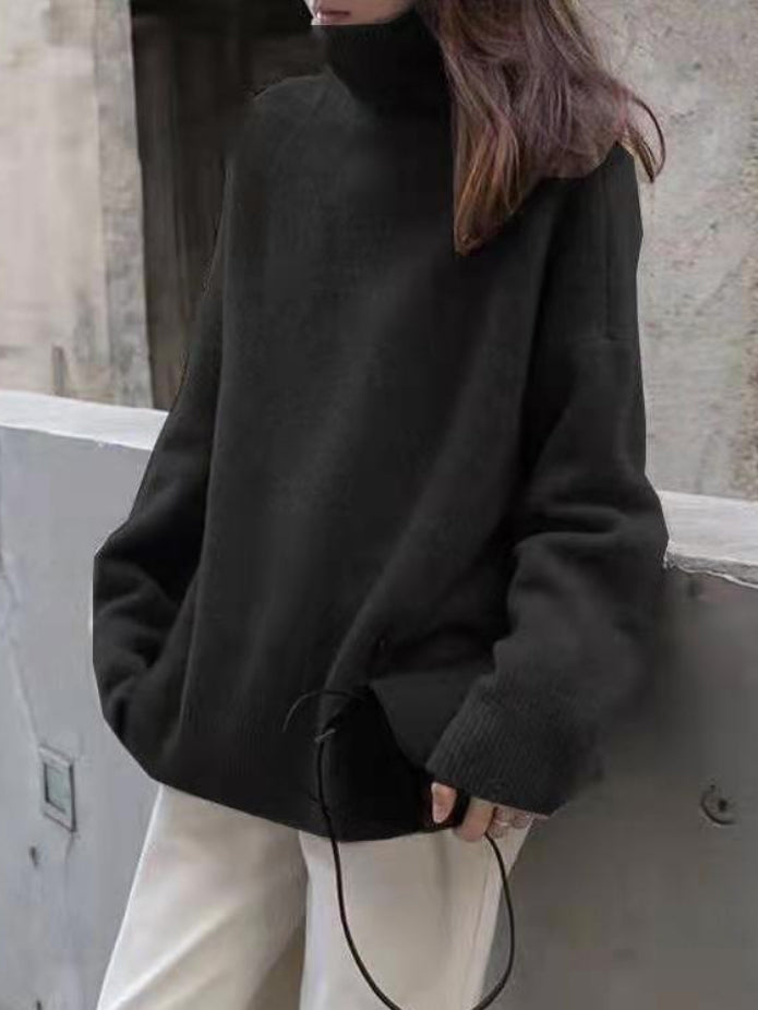 xakxx Casual Loose Long Sleeves Solid Color High-Neck Sweater Tops