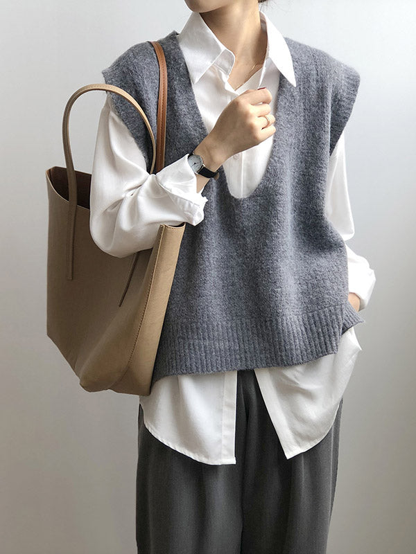 xakxx Knitting Irregularity Solid V-Neck Vest