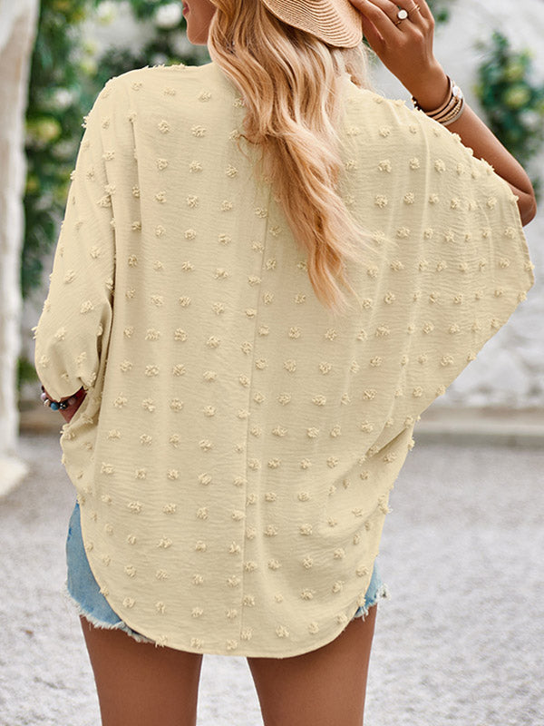 xakxx Half Sleeves Loose Jacquard Solid Color V-Neck T-Shirts Tops