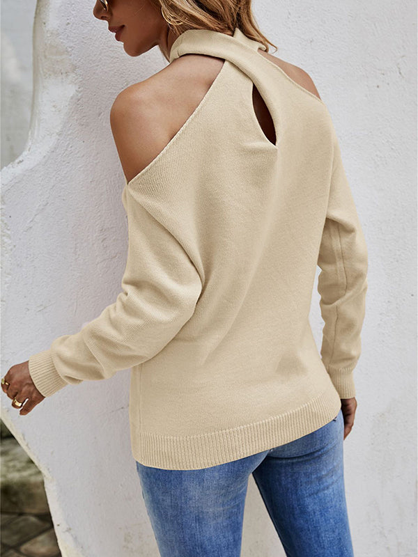 xakxx Casual Long Sleeves Solid Color Halter-Neck Sweater Tops