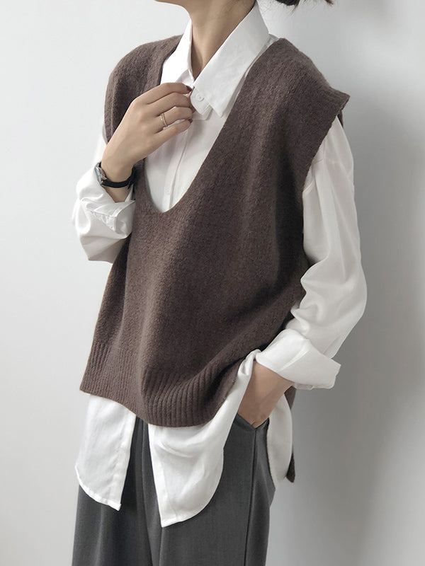 xakxx Knitting Irregularity Solid V-Neck Vest